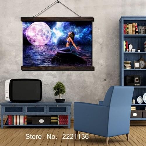 Moonlight Mermaid Picture HD Print Scroll Paintings Wall Art Printed Hanging Framed Canvas Painting Modern Home Decoration