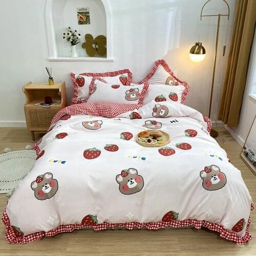 Strawberry Cute Bear Duvet cover Set Rustic Fresh Flowers Lace Ruffle Print Bedding Set Grid Bed Sheet Girls Elegant Bedspread