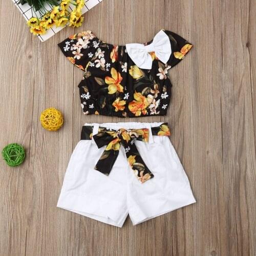 Summer Short Sleeve Floral Bow Crop Tops Blouse Belt Shorts Outfit Clothing Cute 2Pcs Toddler Kids Baby Girl Clothes Set