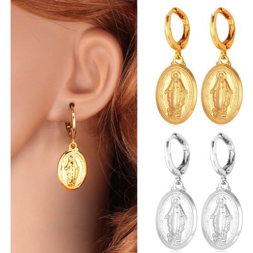 Kpop Virgin Mary Medal Earrings Catholic Christian Religious Jewelry Gold/Silver Color Oval Cross Drop Earrings for Women E148
