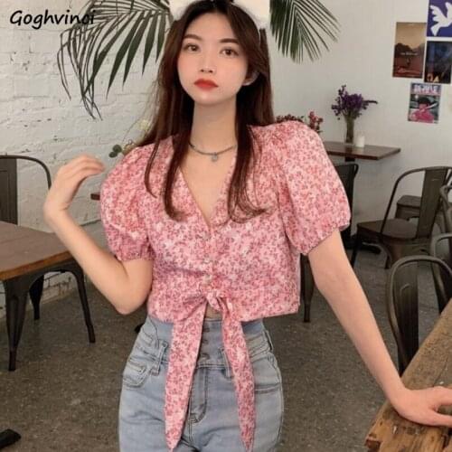 Summer Women Shirts Puff Sleeve Printed Floral Bandage Sweet Single Breasted Korean Vintage Low Collar Trendy Females Crop Tops