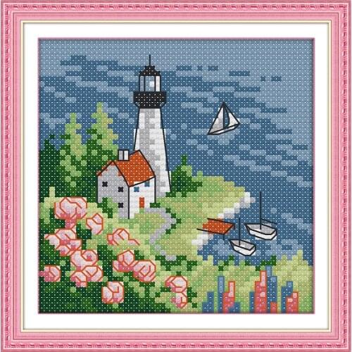 Lighthouse (3) cross stitch canvas kit sea side view 14ct count printed fabric stitches embroidery DIY handmade needlework plus