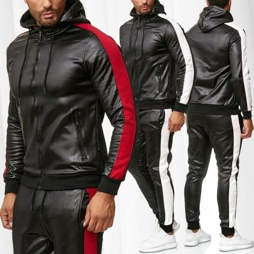 Autumn and winter new men PU leather patchwork hooded long-sleeved jacket + trousers set men casual sport suit