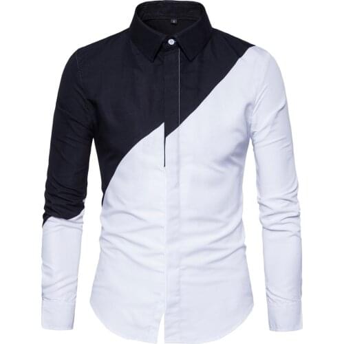 Mens Cotton Stitching Color Shirts Casual Slim Fit Fashion Man Lapel Large Size Long-Sleeved Shirts Male S-2XL