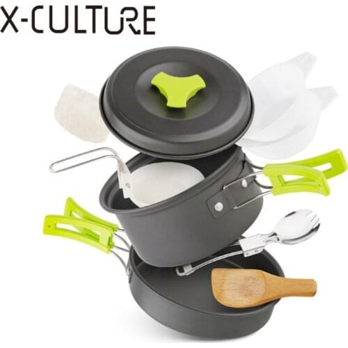 Camping Cookware Kit Aluminum Alloy Cooking Set Hiking Picnic Camping Hunting Tableware Pot Frying Pan 1-2 Person Camping Tools