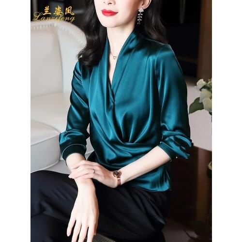 Pure color heavy silk shirt women long-sleeved 2021 spring new high-end satin fashion v-neck mulberry silk top blouse