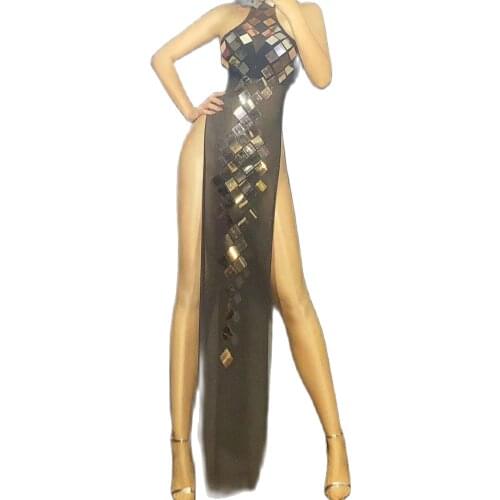 Perspective Sequins Halter Dress Sexy Chinese Cheongsam High Split Bodycon Dress Dress Women Party Birthday Nightclub Outfit