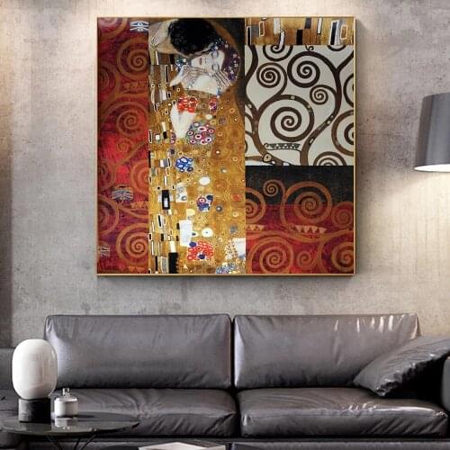 Gustav Klimt Kiss Painting Reproductions On The Wall Classical Kiss Famous Wall Art Canvas Posters For Living Room Cuadros Decor