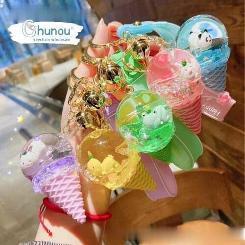 Luxury party doll crystal ice cream keychain creative cute floating liquid key chain for woman bag car keyring pendant Jewelry