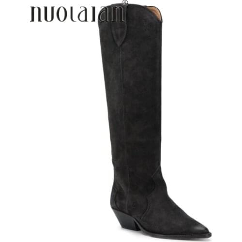 Fashion western black Knee high boots for women pointed Toe chunky heel winter long boots women cowboy knight thigh high boots
