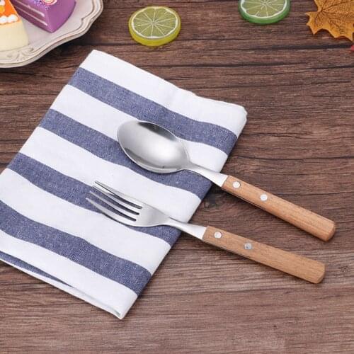 Wooden Handle Dinnerware Stainless Steel Knife Fork Tableware European Western Food Cutlery set of spoons and forks