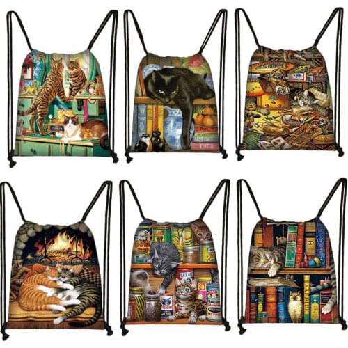 Oil Painting Cat Print Drawstring Bag Funny Cat Cosplay Mona Lisa Backpack Women Leisure Shopping Bags Dustproof Storage Bag