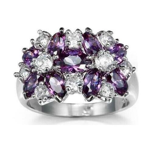 UFOORO Luxury Elegant Purple/Blue/Red/Black Zircon Stone Wedding Engagement Silver Finger Rings for Women Trendy Flower Jewelry