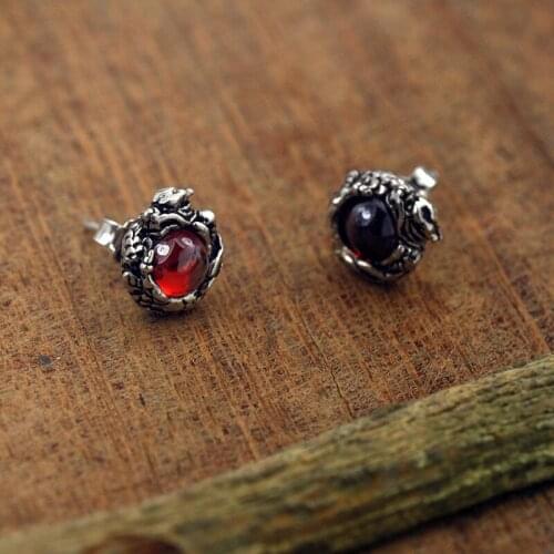 Vintage Silver Plated Red Zircon Crystal Dragon Stud Earrings for Men Women Punk Cool Dragon Earrings Hip Hop Jewelry Gifts