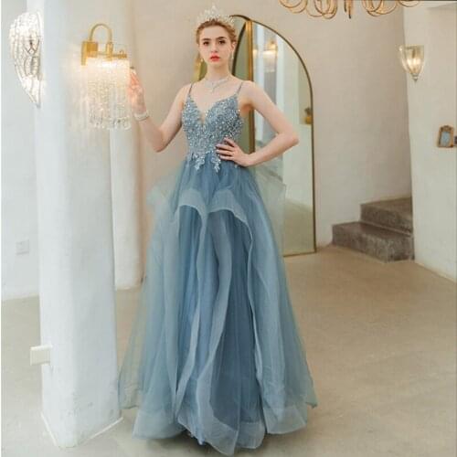 Evening Dresses Illusion V-Neck Sleeveless Spaghetti Strap Sequined Embroidery Backless Lace Tulle Women Formal Party Gown TS041