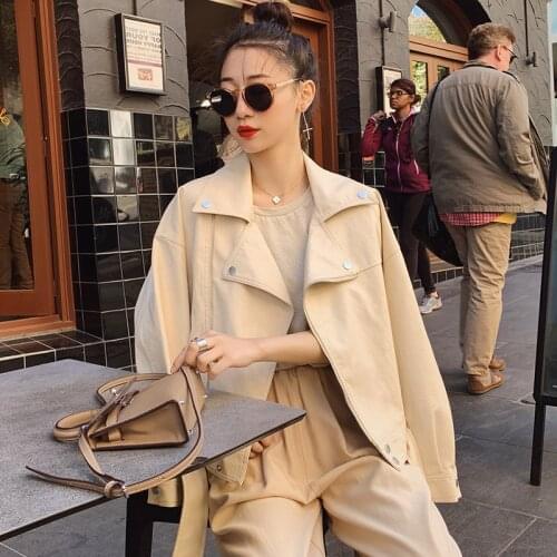 2021 Spring Autumn Lapel Long Sleeve Faux Pu Leather Loose Plus Size Short Coat Women Casual Streetwear Motorcycle Biker Jackets