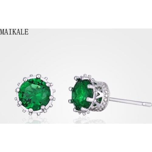 MAIKALE Charm Crown Small Stud Earrings Colorful Cubic Zirconia Beads Gold Korean Earings for Women Fashion Jewelry Gifts