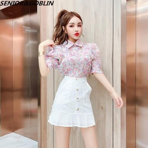 Floral Chiffon Shirt Two Piece Suit Summer Women Puff Sleeve Print Blouse Top+High Waist Lace Embroidered White Mini Skirt Set