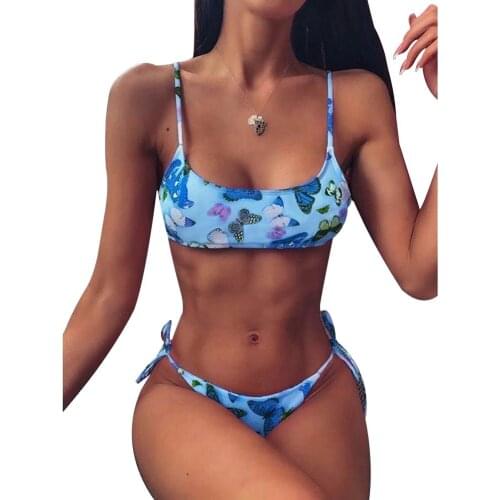 Womens Bikini Swimsuit Two Piece Sexy Butterfly 3D Printed Lace Up Split Bathing Suit with Chest Pad
