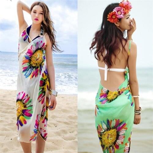 2020 Bohemian Women Summer Beach Dress Bikini Cover-ups Swim Wear Cover Up Cotton Tunic Sexy Deep V-Neck Robe Caftan Summer