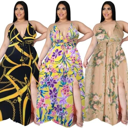 5XL Plus Size Women Clothing Maxi Dress Wholesale Slip Flowers Print V Neck Belt Elegant Full Length Dresses Summer Dropshipping