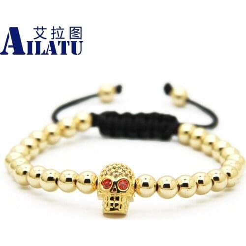 Ailatu Micro Pave Zircon Inserts Skull Macrame Bracelets Wholesale High Grade 6mm Plated Brass Beads Jewelry