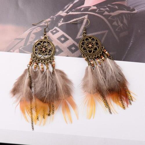 Bohemian Seaside Holiday Earrings Round Alloy Tassel Feather Earrings Korean Vintage Dream Catcher Female Jewelry Earrings Gift