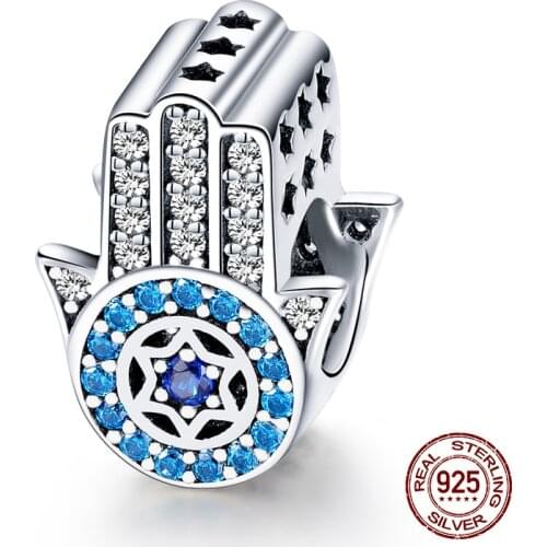 Fatimas guarding Blue CZ Beads fit 3MM Bracelet Charm Genuine 925 Sterling Silver DIY Original Jewelry Gift Making Woman