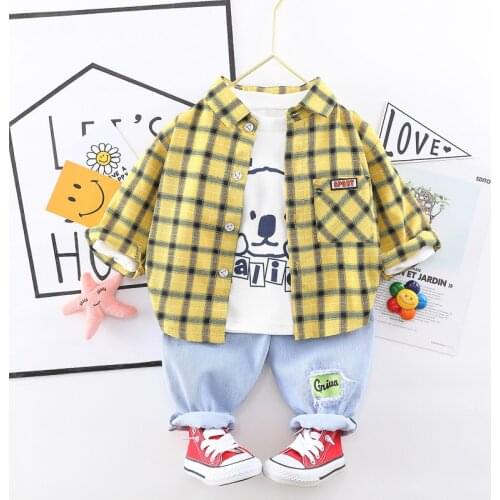 JY 3Piece/Set Boys Girls Spring Plaid Shirt Cardigan Jeans Three-Piece Single-Breasted Printed Casual Suit XZ01
