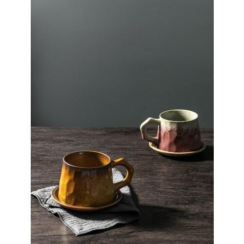 Japanese handmade coffee mugs and saucer retro stoneware set ceramic hand punch cappuccino cup vintage cup with spoon 250ml