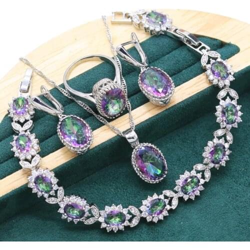 Classic 925 Sterling Silver Jewelry Sets For Women Birthday Multicolor Crystal Bracelet Earrings Necklace pendant Ring Wedding