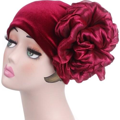 Fashion Big Flower Velvet Turban Hat Women Muslim Hijabs Cap Islamic Boonet Headwear Chemo Hairloss Hat Africa India Head Wraps