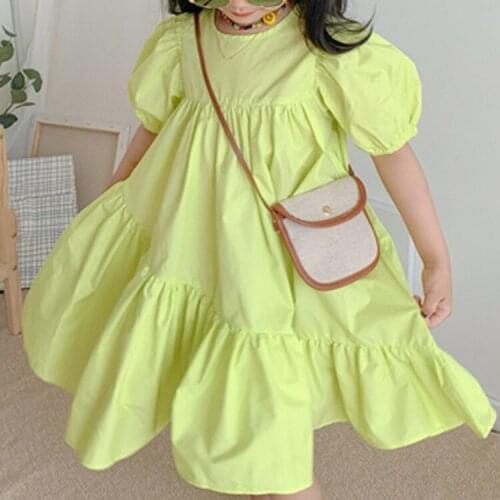 Summer New Girls Solid Round Neck And Bubble Sleeve Stitching Big Skirt Doll Dress