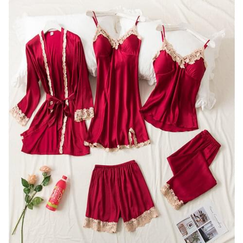 Spring and autumn pajamas female sexy five piece set suspender nightdress with breast pad ice silk