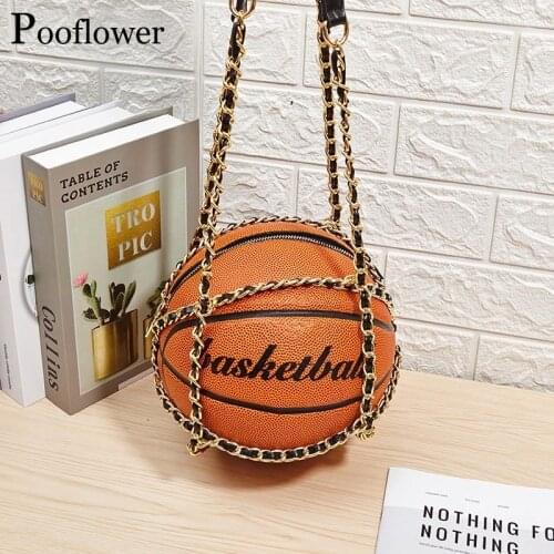 Pooflower Personality Basketball Purse Bag for Women Round Ball Clutch Letter Print Shoulder Bags Handbag tasjes dames ZH242