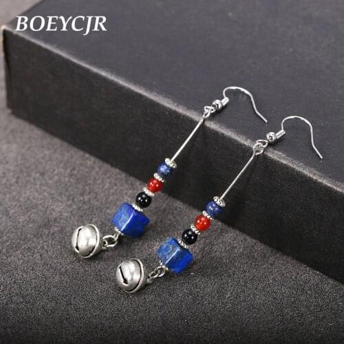 BOEYCJR Natural Blue Stone Bead Drop Earrings Handmade Nepalese Ethnic Bell Earrings Fashion Jewelry Dangle Earrings for Women