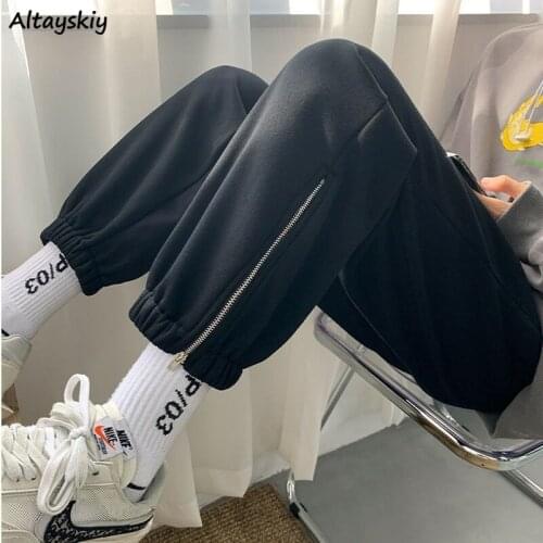 Harem Pants Women Streetwear Fashion Plus Velvet Korean Style Harajuku Full Length Fake Zippers Spring New Loose Elastic Waist