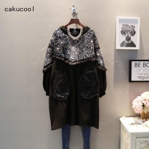 Cakucool Sequins Sweatshirt Black Silver Beading Bling Pullover O neck Hoodies Chic Warm Fleece Long Sweatshirts Large Femme