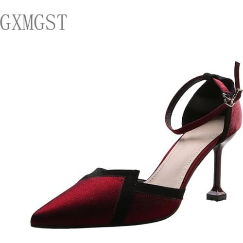 New style stiletto high-heeled shoes silk color matching straight button pointed womens shoes sandals high-heeled sexy single