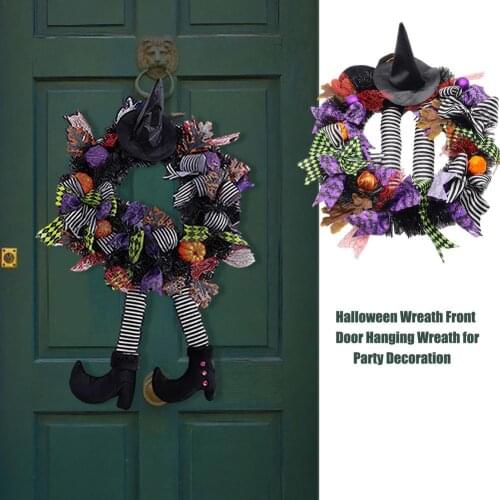 Halloween Wreath Door Hanging Decoration Halloween Witch Hat Leg Pumpkin Door Wreath Haunted House Prop Halloween Party Supplies