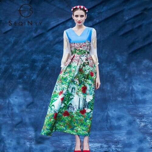 SEQINYY Vintage Dress 2020 Spring Autumn New Fashion Design Golden Embroidery 3/4 Sleeve Flowers Printed Twill Gown Ball Dress