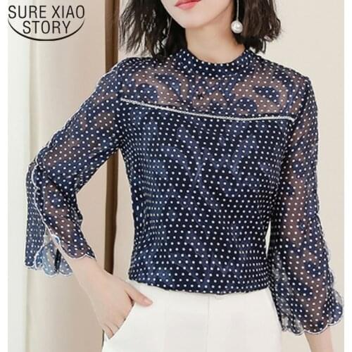 2019 Spring New Round-necked Shirt Women Tops and Blouse Polka Dot Shirt Cropped Sleeve Blouse Chiffon Blouse 3437 50
