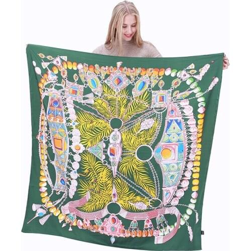 Ladies Chain Leaf Printed Travel Beach Pashmina Shawl Hijab Femme Soie Bandana Foulard 130cm Big Wrap Silk Twill Square Scarf