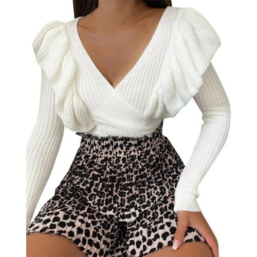 Women Sweaters Autumn Winter Sexy V-Neck Low Cut Ruffles Decor Solid Color Slim Pullover Ladies Long Sleeve White Knitted Jumper