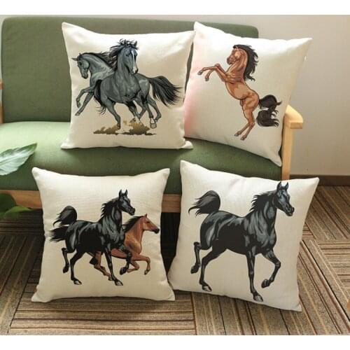 Horse Cushion Cover Cotton Linen Beige Sofa Decorative Pillows Covers Animals Black Horse Pillow case for waist back Car Seat