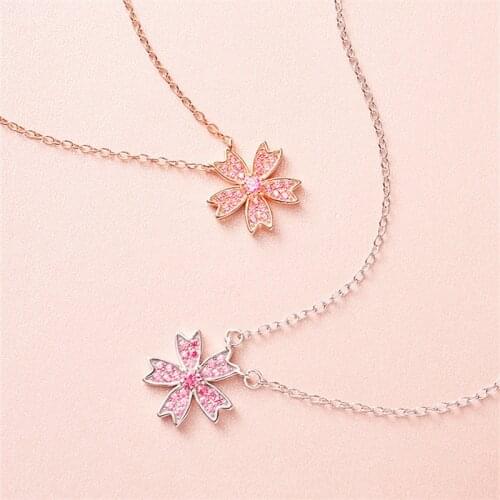 Cute Pink Crystal Flower Pendant Women Choker Necklace Jewelry Quality 925 Silver Chain Necklace Lady Clavicle Rose Gold Bijou