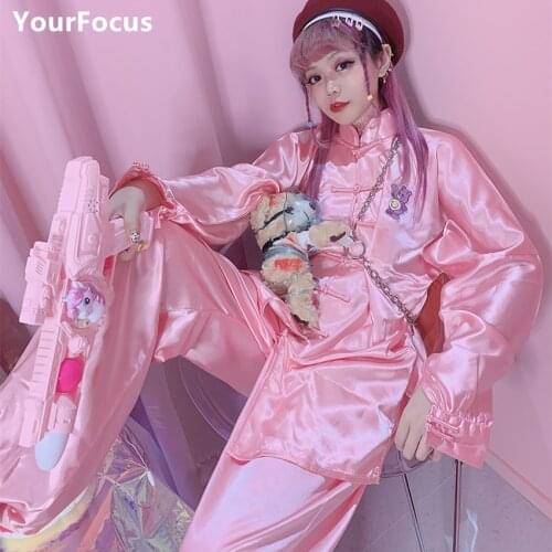 Hiphop Kawaii Sweet Chinese Style Pink Cartoon Bear Embroidery Buckle Cheongsam Tshirt Suit Loose Tops + Pants Set Women