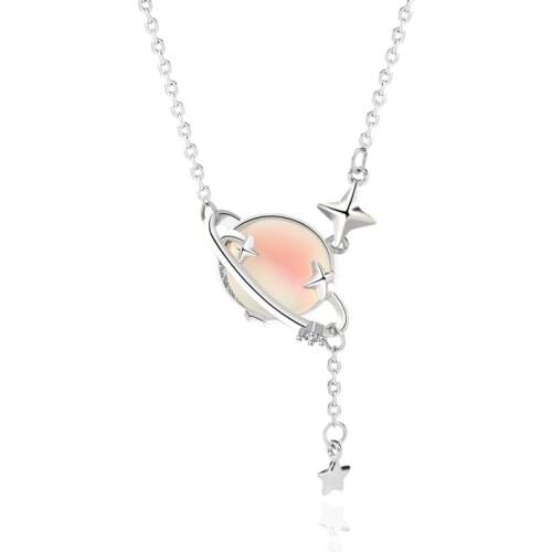 S925 Sterling Silver Moonstone Planet Necklace Woman Personality Simple Tassel Clavicle Chain