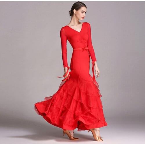 2021 New GB490 Long Sleeve V Neck Yarn Puffy Latin Dance Dress Women Performance Modern Dance Dress Latino Dancewear