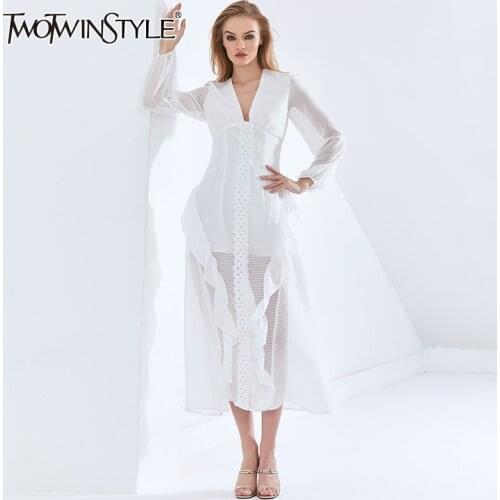 TWOTWINSTYLE Sexy Party Perspective Dress For Women V Neck Long Sleeve High Waist Slim Ruffle White Mesh Dresses 2021 New